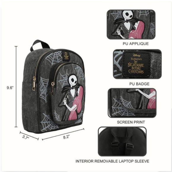 The Nightmare Before Christmas Jack & Sally Mini Black & Gray Backpack Bag - Picture 3 of 12